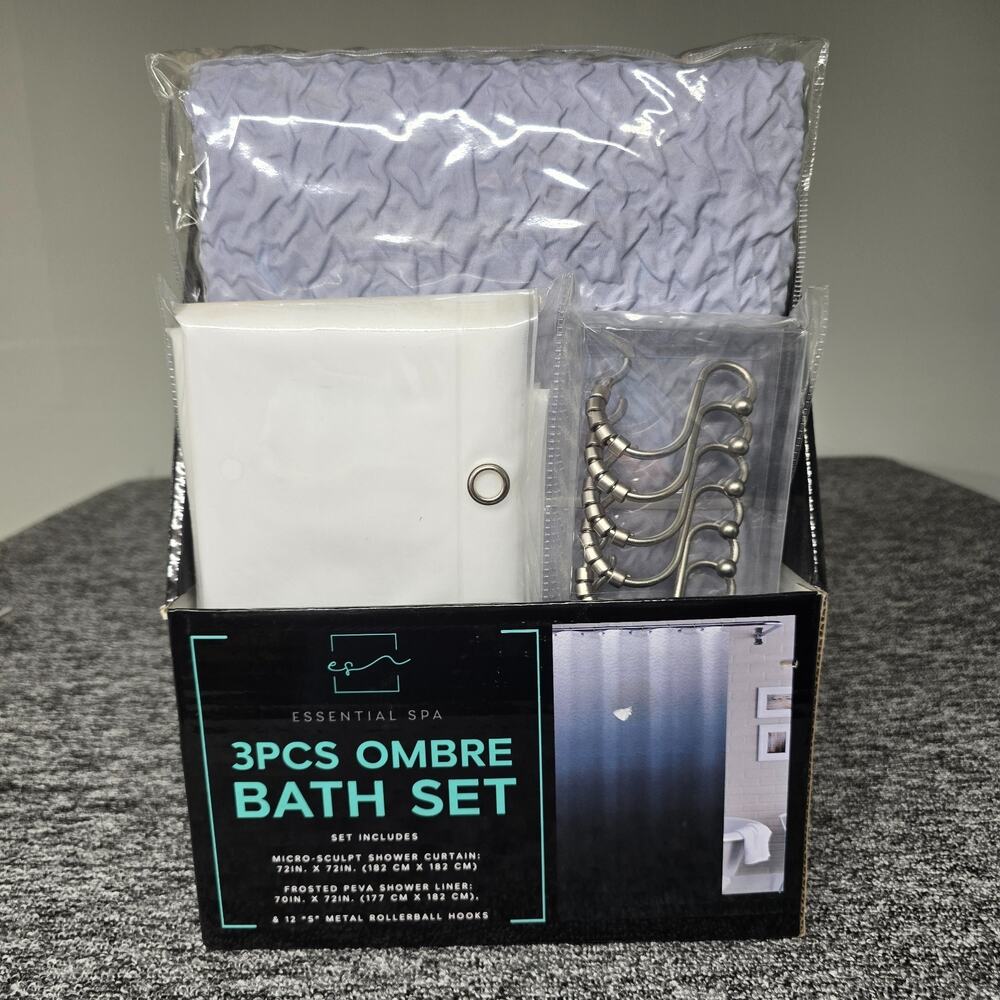 Essential Spa 3 Piece Ombre Bath Set Blue Shower Curtain White Liner Silver Hook
